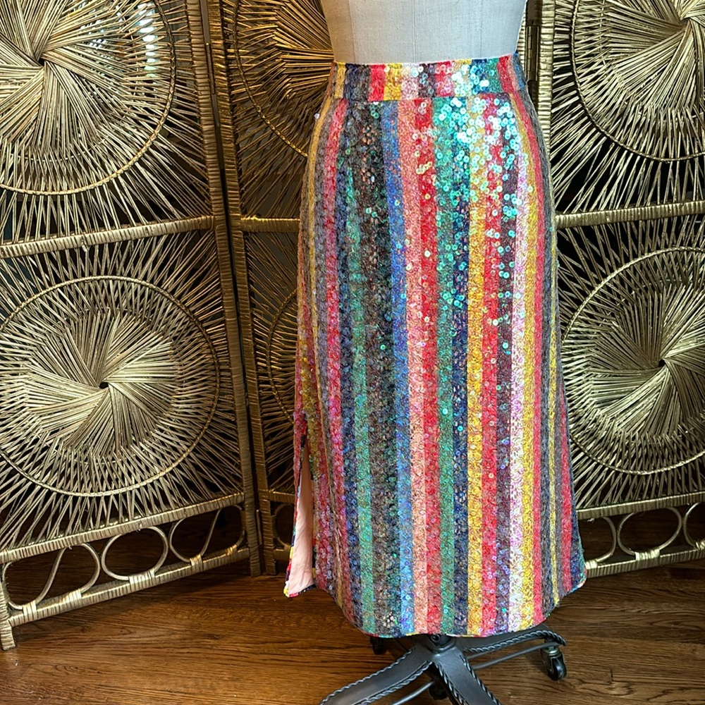 Anthropologie Maeve Rainbow Lace Sequin Pencil Skirt with Slits on Each Side